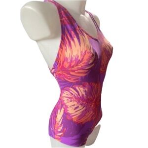 Speedo Ladies Pink Criss Cross Back Pink Orange Purple Palm Fronds Swimsuit 8
